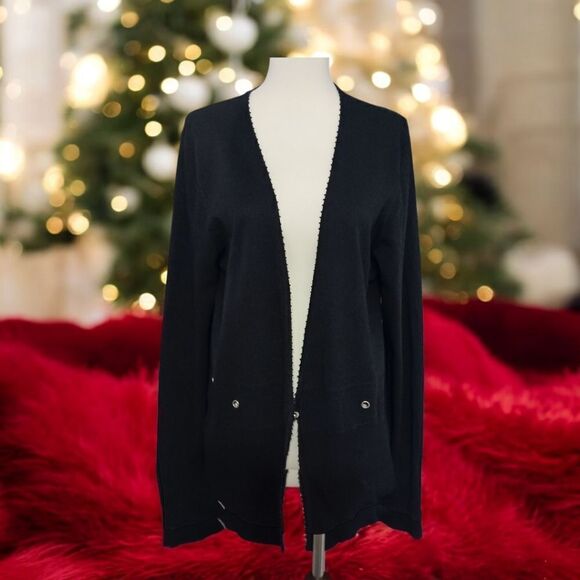 Carducci Cardigan XL Sweater Black Rib Knit Long Sleeve Beaded Neckline Grommets - Picture 13 of 16